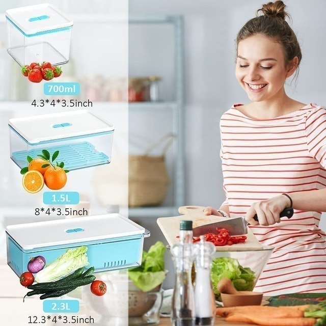 Fridge Storage Containers with Vented Lid and Removable Drain Tray 2