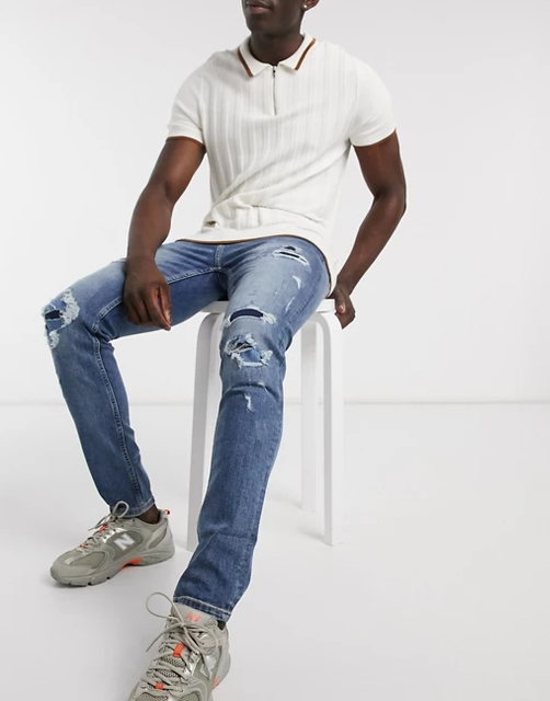 Skinny Rip and Repair Jeans in Mid Wash 1