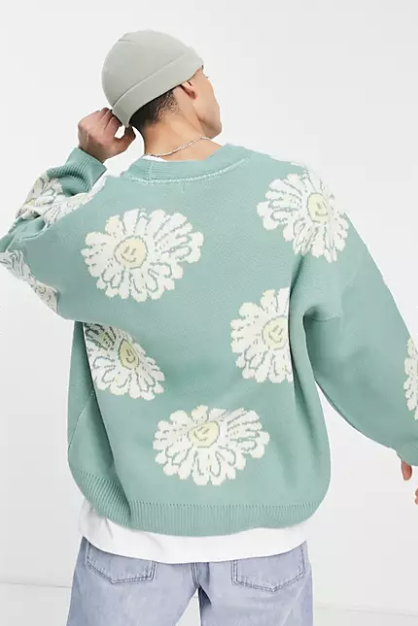 Oversized Knitted Cardigan With Sunflower Print 4