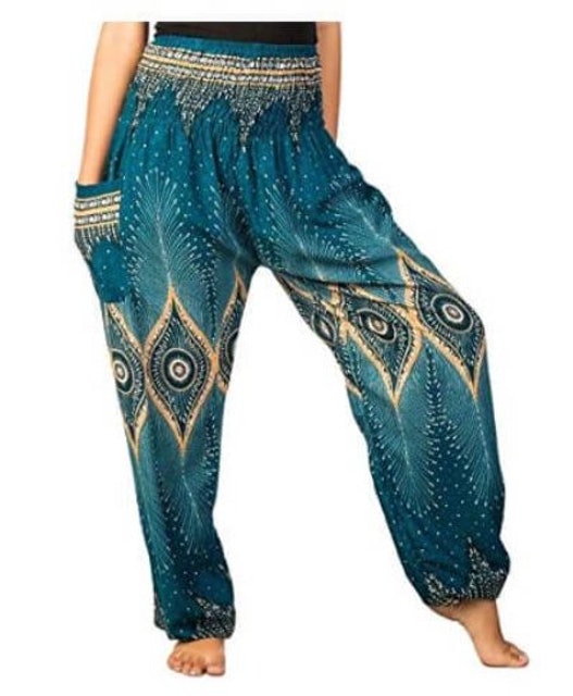 10. Lofbaz Women’s Rayon Print Smock Waist Boho Harem Pants 1
