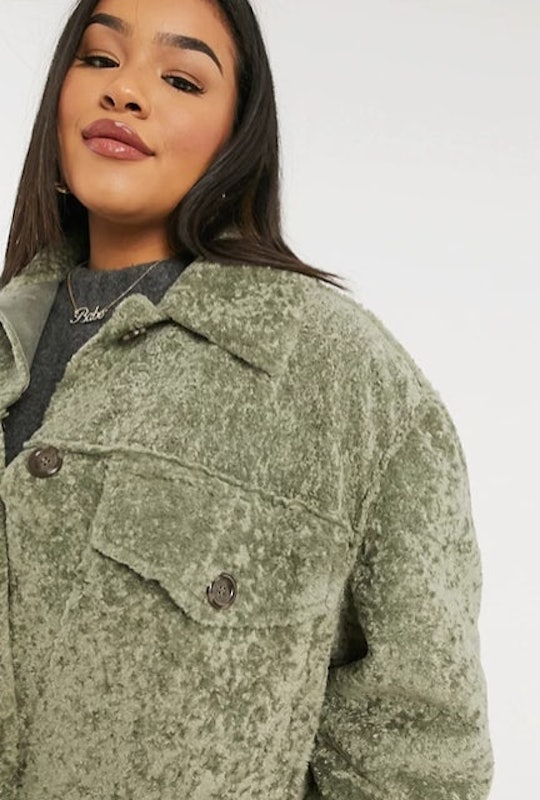Curve Bonded Borg Shirt Shacket in Sage 3