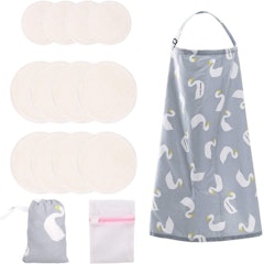 Reusable Organic Bamboo Nursing Pads and Cotton Breastfeeding Cover Set