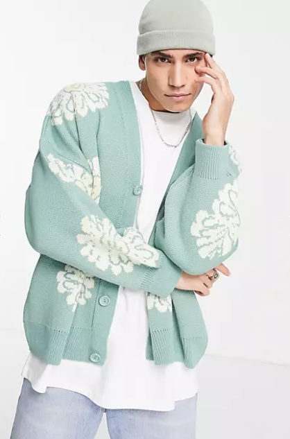Oversized Knitted Cardigan With Sunflower Print 1