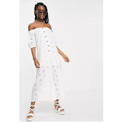 Off the Shoulder Puff Sleeve Button Front Broderie Jumpsuit