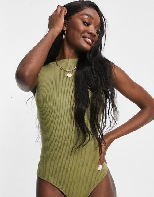 Tall Knitted Slash Neck Bodysuit in Khaki 2
