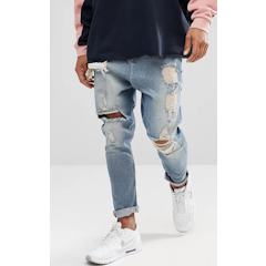 Drop Crotch Jeans in Vintage Light Wash Blue with Heavy Rips