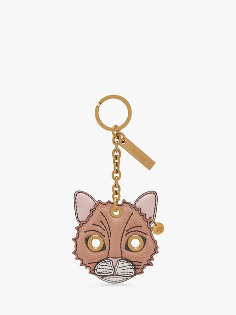 Small Classic Grain Leather Fluffy Cat Keyring 1