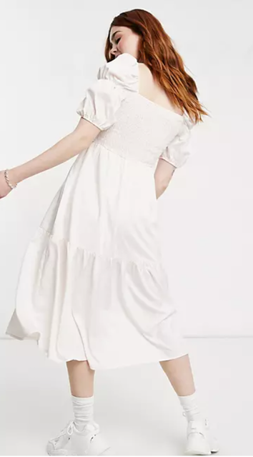 Shirred Puff Sleeve Midi Dress in Pale Pink 2