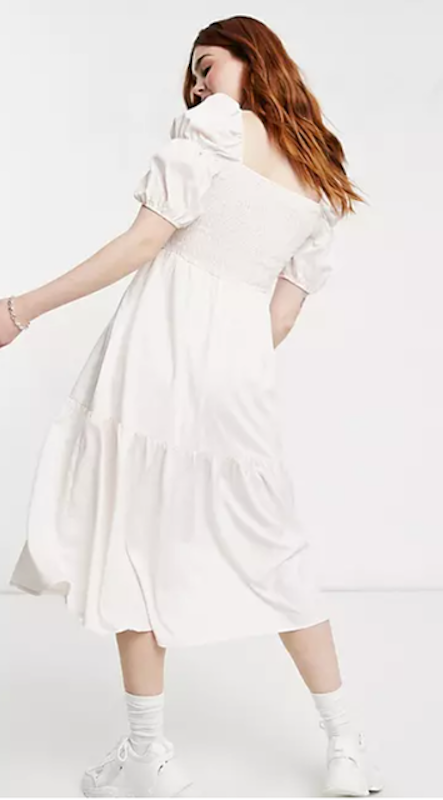 Shirred Puff Sleeve Midi Dress in Pale Pink 2