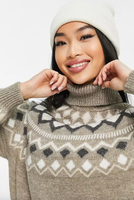 Fairisle Roll Neck Jumper in Brown 1