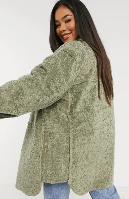 Curve Bonded Borg Shirt Shacket in Sage 2