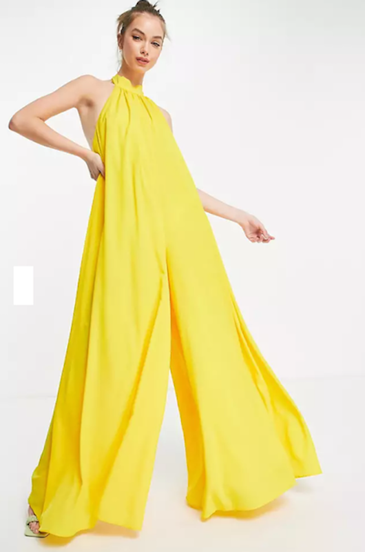 Halterneck Backless Yellow Wide Leg Jumpsuit 1