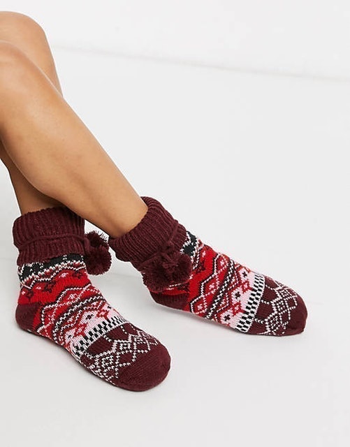 Fairisle Lurex Slipper Boot Sock in Red  1