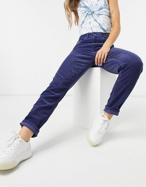 High Waist Slim Leg Cords in Blue 1