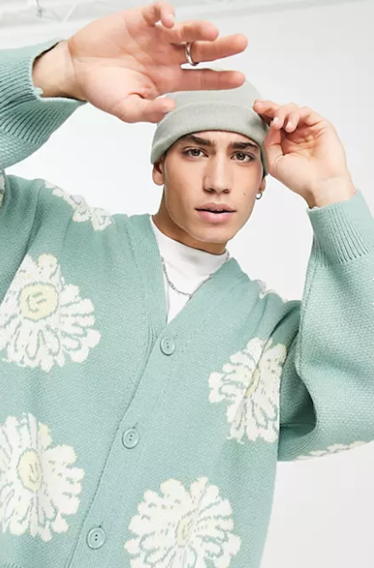 Oversized Knitted Cardigan With Sunflower Print 2