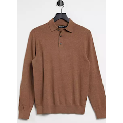 Knitted Long Sleeve Polo in Camel
